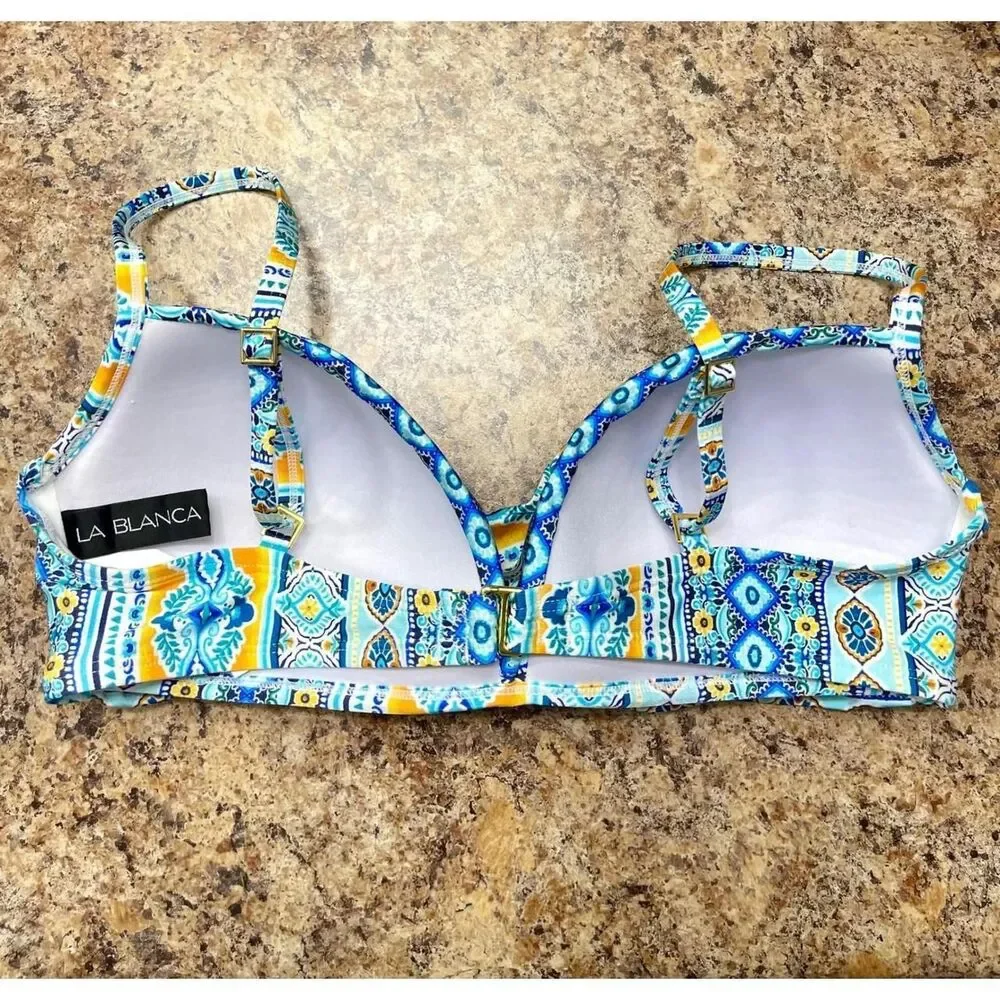 New La Blanca Blue Gold Tile Print Twist Front Sweetheart Bikini Top Size 10